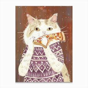 Cute White Cat Pizza Lover Folk Illustration 3 Canvas Print