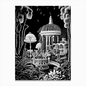 Tivoli Gardens, Italy Linocut Black And White Vintage Canvas Print