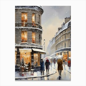 Paris cafes, winter season, Christmas, autumn oil colors, pale colors, pedestrians in the street, winter clothes, falling snow.Christmas decorations.12 1 Canvas Print