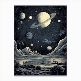 Solar System And Moon Etching Style Canvas Print