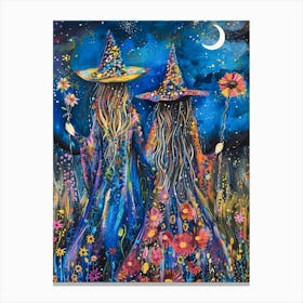 Best Friends Boho Hippy Witches Holding Flowers | Botanical Witchcraft Pagan Coven Painting | Witch Print Magical Spellwork Esbat | Witchy Wiccan Art Print in Wildflowers HD Canvas Print