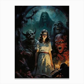 Showcasing A Startling Array Of Vintage Horror Art The Scene Unveils A Chaotic Amalgamation Of Thri (5) Canvas Print