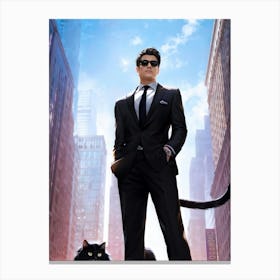 Businessman Wearing Sleek Sunglasses Sporting A Sharp Tailored Suit Standing Confidently In A Bus Canvas Print