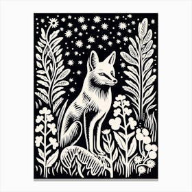 Fox In The Forest Linocut Illustration 10  Canvas Print
