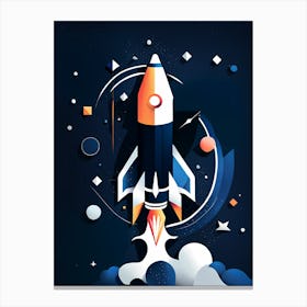 Space Rocket Launch Vector Illustration, Rocket blasting off over mountains and stars, Rocket wall art, Children’s nursery illustration, Kids' room decor, Sci-fi adventure wall decor, playroom wall decal, minimalistic vector, dreamy gift Canvas Print