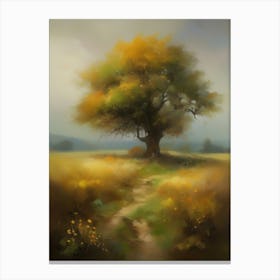 Oak tree, fine work of art, misty atmosphere, green meadow..12 Canvas Print