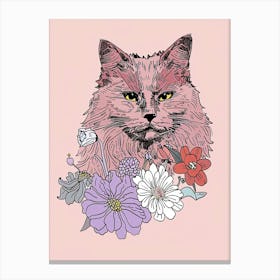 Cute Norwegian Cat With Flowers Illustration 3 Canvas Print