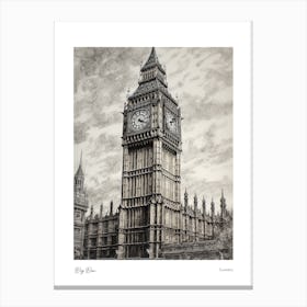 Big Ben London Pencil Sketch 1 Watercolour Travel Poster Canvas Print