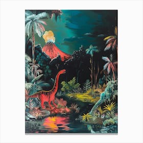 Dinosaur & The Volcano Painting 2 Canvas Print