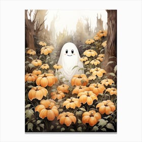 Cute Bedsheet Ghost, Botanical Halloween Watercolour 139 Canvas Print