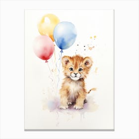 Playing With Balloons Car Watercolour Lion Art Painting 2 Canvas Print