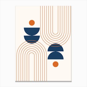 Modern Mid Century Sun, Moon Phases and Rainbow Abstract 16 in Navy Blue and Burnt Orange Canvas Print