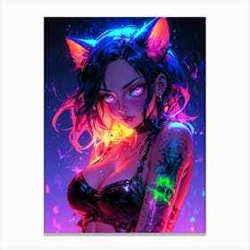 Cosplay cat girl with neko ears, colorful neon vibes. Hentai anime girl with boobs, cute and sexy manga waifu. A Japanese fantasy girl, blending cuteness and allure. Canvas Print