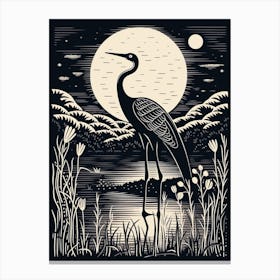 B&W Bird Linocut Crane 1 Canvas Print