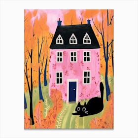 Black Cat Playing And Pink House Canvas Print