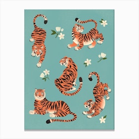 Fierce Tigers In Blue Canvas Print