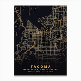 Tacoma Washington USA Black And Gold Map Canvas Print