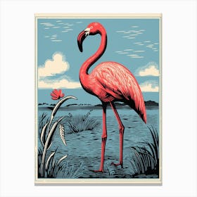 Vintage Bird Linocut Flamingo 3 Canvas Print