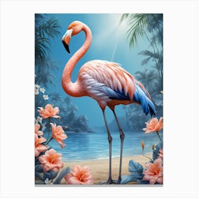 Floral Blue Flamingo Painting (4) Canvas Print