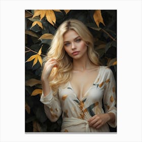 Beautiful Blonde Woman In Autumn Leaves Canvas Print