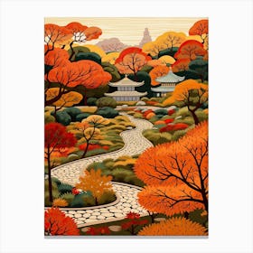 Ryoan Ji Garden, Japan In Autumn Fall Illustration 0 Canvas Print