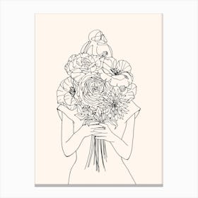 Woman With Flower Bouquet - line drawing Canvas Print
