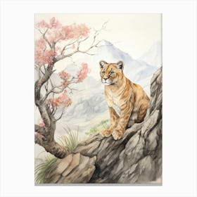 Storybook Animal Watercolour Mountain Lion 2 Canvas Print