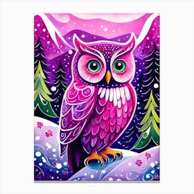 Pink Owl Snowy Landscape Painting (252) Canvas Print