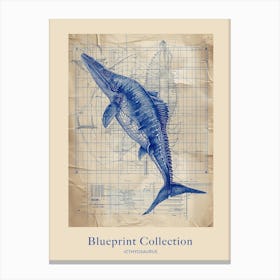 Icthyosaurus Dinosaur Blue Print Sketch 2 Poster Canvas Print