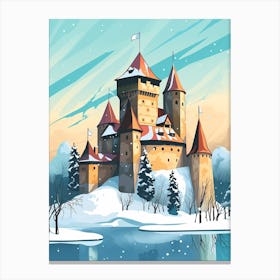 Vintage Winter Travel Illustration Trakai Castle Lithuania Canvas Print