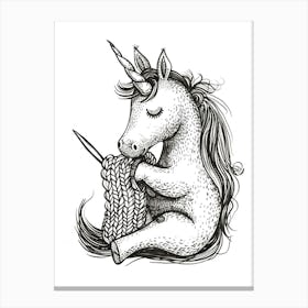 A Unicorn Knitting Black & White Illustration Canvas Print