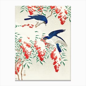 Flycatchers On A Nandina Bush, Ohara Koson Vintage Japanese Canvas Print