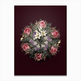 Vintage Madonna Lily Flower Wreath on Wine Red n.0495 Canvas Print