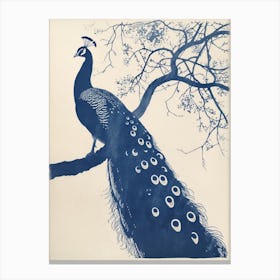 Navy & Cream Peacock On A Tree 2 Canvas Print