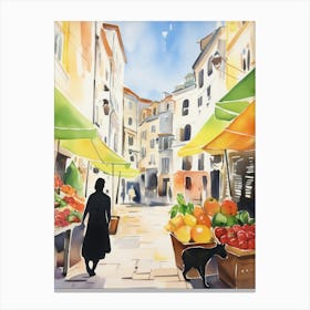 Food Market With Cats In Porto 1 Watercolour Canvas Print