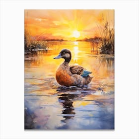 Duck Swimming In The Lake At Sunset Watercolour 1 Canvas Print