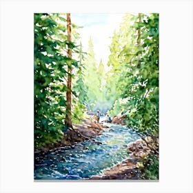 Watercolor Painting Of A Serene River Meandering Through An Old Growth Forest Sunlight Peeking Thro Canvas Print