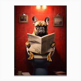 French Bulldog Reading A Newspaper in the toilet Canvas Print