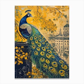 Blue Mustard Peacock & The City Canvas Print
