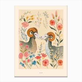 Folksy Floral Animal Drawing Ram 4 Poster Canvas Print