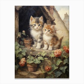 Cute Cats In Front Of A Medieval Cottage 1 Canvas Print