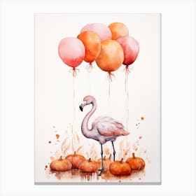 Flamingo Flying With Autumn Fall Pumpkins And Balloons Watercolour Nursery 4 Canvas Print