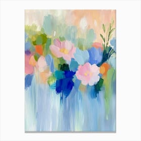 A Colorful Abstract Painting Depicting A Floral Scene With Brushstrokes Of Blue, Green, And Pink Canvas Print