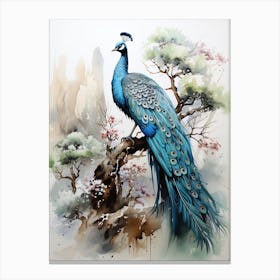 Peacock, Japanese Brush Painting, Ukiyo E, Minimal 6 Canvas Print