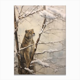 Vintage Winter Animal Painting Mountain Lion 2 Canvas Print