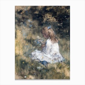 Little Girl In The Grass. Vintage Nursery Oil Painting, Kids Room Illustration Canvas Print