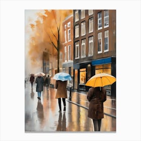 Amsterdam cafes, autumn season, rain, autumn oil colours.Faded colours,People passing on the street, winter clothes, rain umbrellas.12 4 Canvas Print