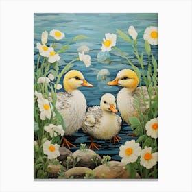Duck & Duckling In The Flowers Japanese Woodblock Style 4 Canvas Print