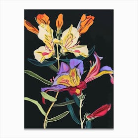 Neon Flowers On Black Freesia 4 Canvas Print