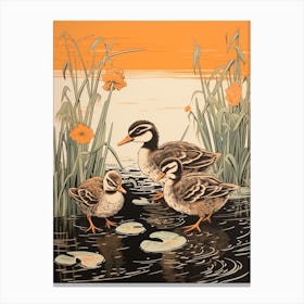 Ducklings In The Flowers Japanese Woodblock Style 4 Canvas Print